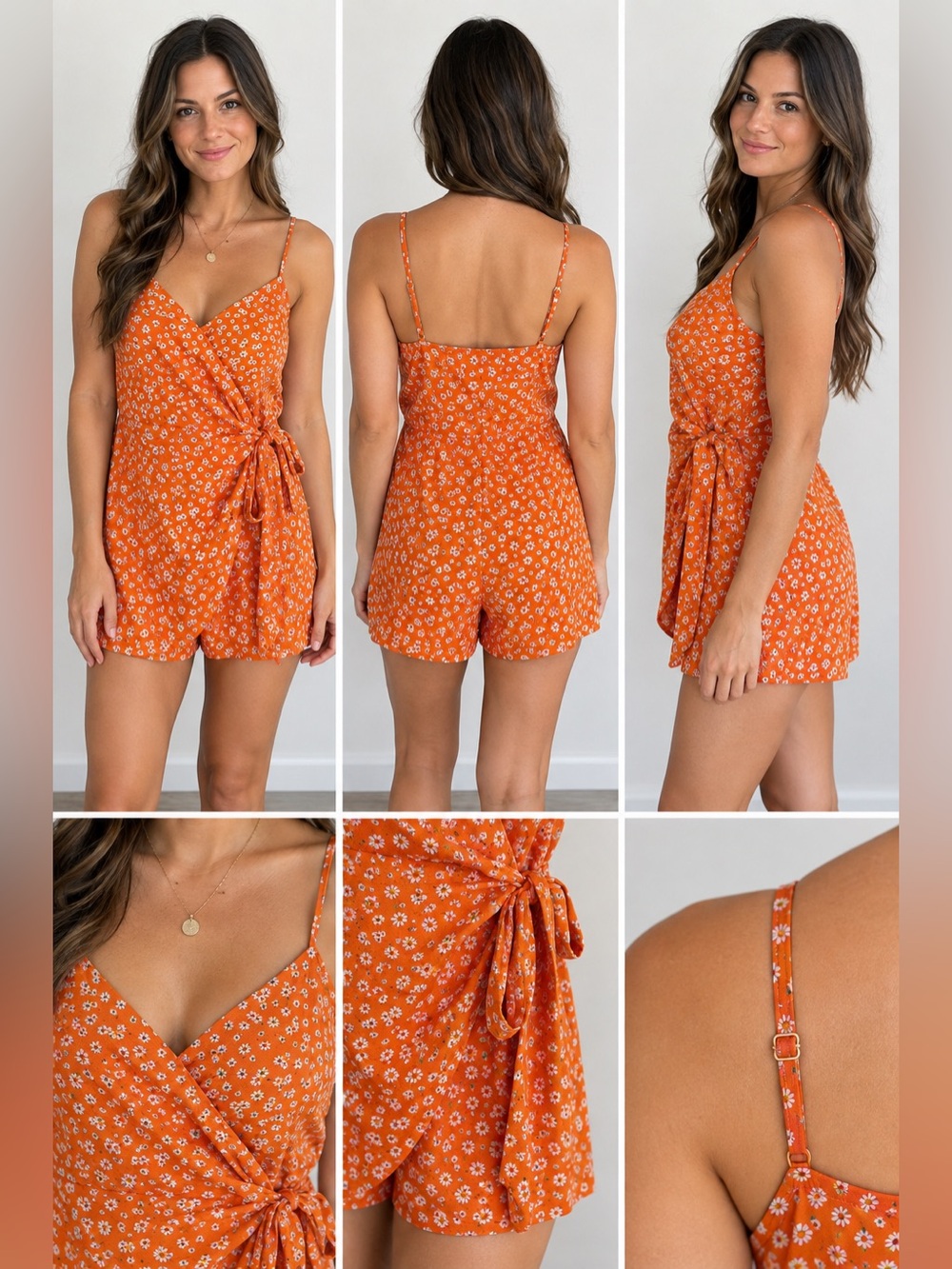 Spaghetti Strap Orange Floral Romper Wrap Size Large Blu Pepper
